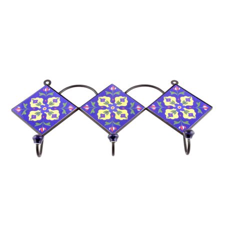 Navy Blue Triangle Ceramic Floral Tiles Hooks